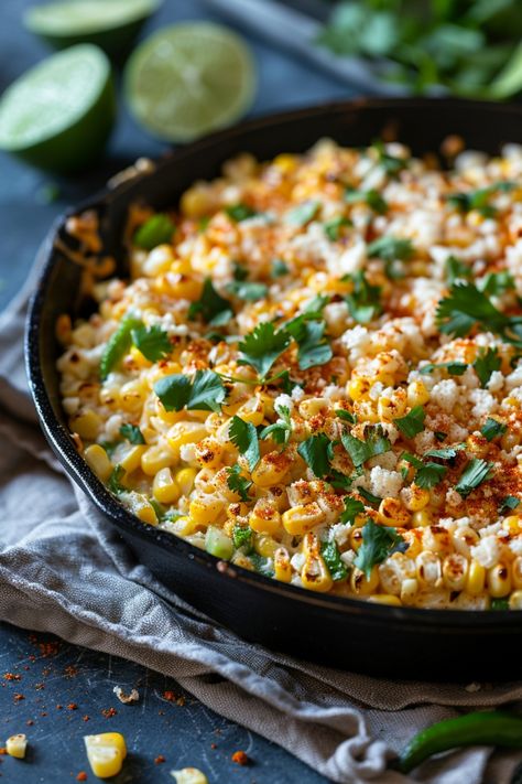 Elote corn in a skillet topped with cheese, cilantro, and spices, with lime wedges in the background. Mexican Style Side Dishes, Mexican Corn Skillet, Healthy Elote Recipe, Best Elote Recipe, Skillet Mexican Street Corn Recipe, Easy Elote Recipe With Canned Corn, Skillet Elote Corn Recipe, Sauteed Corn Mexican, Elote Recipe Skillet