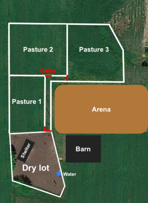 1 Acre Pasture Layout, Livestock Farm Layout, Pasture Horse Feeding Station, Horse Field Ideas, Pasture Drag Diy, Horse Field Layout, Goat Pasture Layout, Horse Paddock Ideas Layout, Horse Property Layout 2 Acres