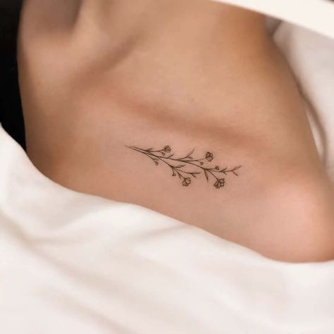 Minimal Flower Tattoos For Women, Tattoo Design For Collar Bone, Flower Tattoo On Collarbone, Small Tattoo On Collar Bone For Women, Tattoo Designs On Collar Bone, Tattoo On Clavicle For Women, Under Clavicle Tattoo, Flower Tattoo Clavicle, Flower On Collar Bone Tattoo