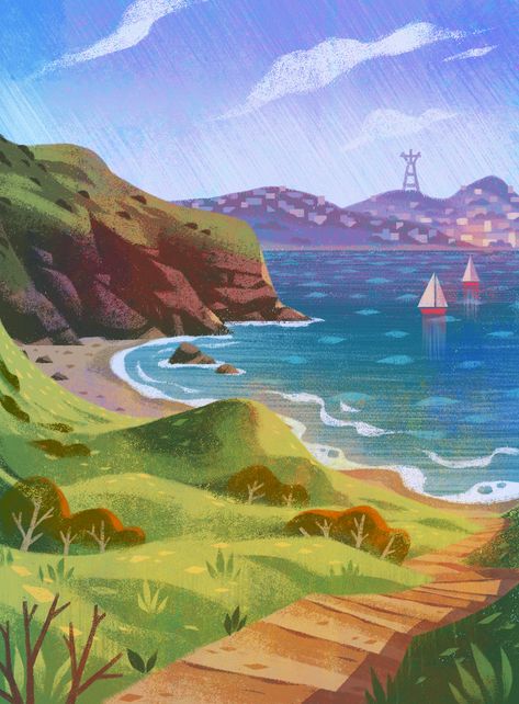 Textures Art, Illustration Art Kids, 동화 삽화, Bg Design, Concept Art Tutorial, Beach Illustration, Big Art, Landscape Illustration, Animation Design