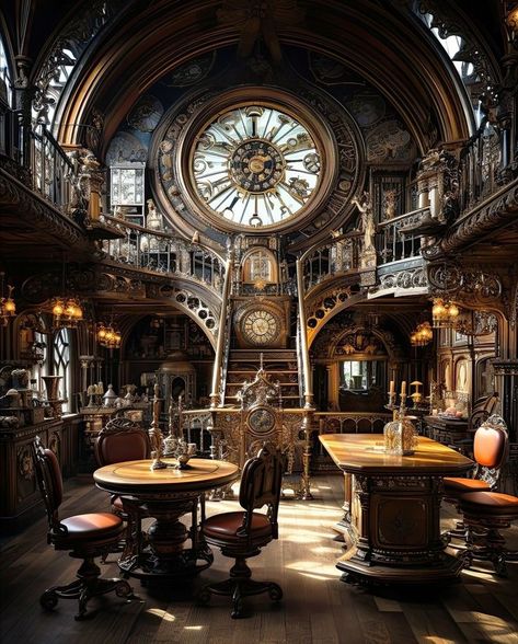 Steampunk House Decor, Steampunk Room Aesthetic, Steampunk Astethic, Fantasy Study Room, Steampunk Room Ideas, Dark Academia Steampunk, Steampunk Library, Steampunk Building, Steampunk Interior Design