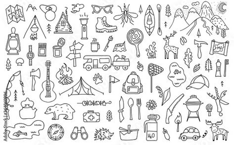 Elements Symbols, Travel Elements, Kids Doodles, Doodle Inspiration, Doodle Style, Doodle Coloring, Bullet Journal Themes, Camping Theme, Doodle Illustration