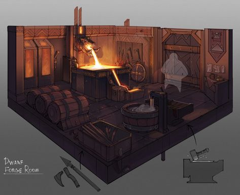 Medieval Forge, Dwarven City, Interior Concept Art, Building Concept, Interior Concept, Fantasy Map, Fantasy Concept Art, Environment Concept Art, Room Art