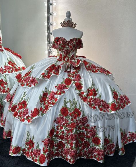 Luxury Red White Quinceanera Dress Princess Mexico Charro2024 Elegant 3D Rose Embroidery Sweetheart Neck Ruffle Sweet 16 Dress - AliExpress 320 White Quinceanera Dress, Charro Dress, White Quinceanera Dresses, Quince Stuff, Vestido Charro, Charro Quinceanera, Quinceanera Themes Dresses, Mexican Quinceanera Dresses, Charro Quinceanera Dresses