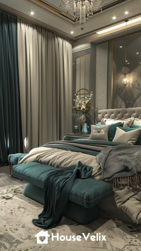 Grey and Teal Elegance Bedroom Ideas Teal And Grey, Teal Green And Grey Bedroom, Dusty Teal Bedroom, Teal Modern Bedroom, Dark Teal And Grey Bedroom Master, Teal Master Bedrooms Decor, Grey Teal Bedrooms, Bedroom Inspirations Teal And Grey, Blue Grey Bedroom Ideas