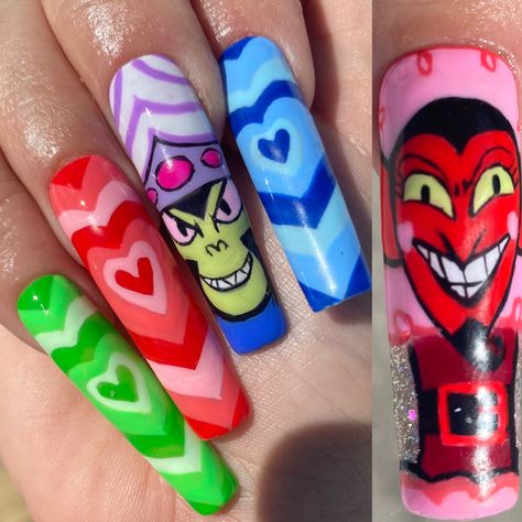 Mojojo and HIM IG kristendeverney Cartoon Character Nail Designs, Powerpuff Girls Costume Ideas, Powerpuff Nails, Cartoon Character Nail Art, Cartoon Character Nails, Girls Costume Ideas, Beauty And The Beast Nails, Powder Puff Girls, Powerpuff Girls Costume