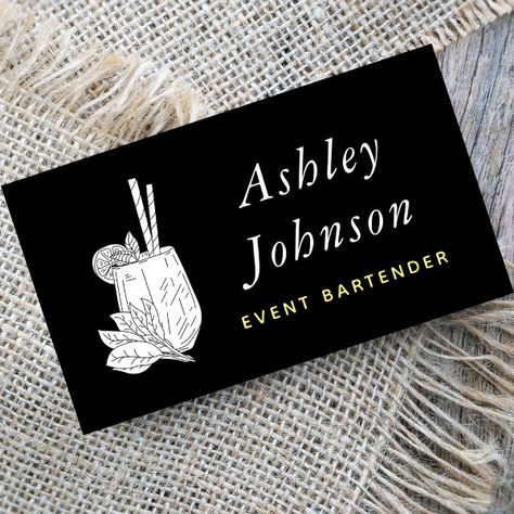 Black & White Tropical Cocktail with Straws Leaves Business Card Bar Names, Mobile Bartender, Mobile Cocktail Bar, Elegant Business Cards, Lettering Fonts, Diy Business, Creative Business, Hat Crafts, Gaming Wall Art