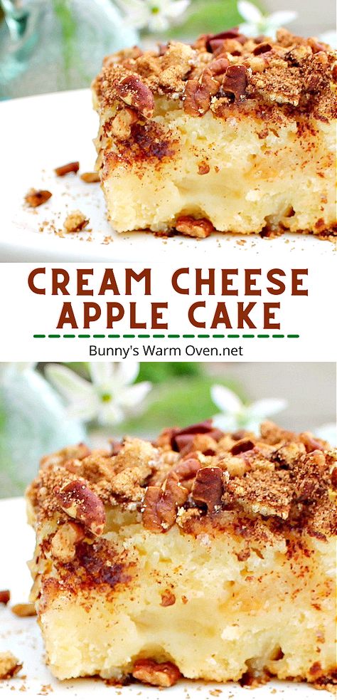 Cream Cheese Apple Cake sitting on a white dessert plate. Cinnamon Cream Cheese Bars, Hospitality Meals, Deserts With Cream Cheese, Cream Cheese Desserts Easy, Cream Cheese Cake Recipes, Recipes Using Cream Cheese, Cream Cheese Recipes Dessert, Recipe Using Apples, Cinnamon Desserts