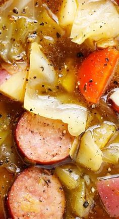 Cabbage, Sausage and Potato Soup Cabbage Sausage Potato, Sausage And Potato Soup, Cabbage Sausage, Sausage Potato Soup, Cabbage Soup Recipe, Cabbage And Sausage, Sausage Potatoes, Sausage Soup, Potato Soup Recipe