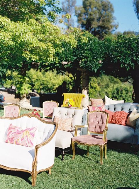 Use everything from dining chairs to couches + benches for an eclectic seating arrangement at your wedding. Wedding Reception Chairs, Mismatched Furniture, Ojai Wedding, Wedding Ceremony Seating, Backyard Wedding Ceremony, Party Seating, Wedding Reception Seating, Vintage Couch, Vintage Bank