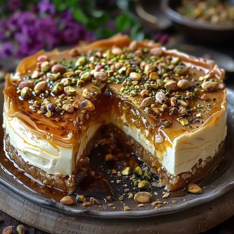 Michael Symon Baklava, Honey Pistachio Cheesecake, Honey Baklava Cheesecake, Pistachio Baklava Cake, Desserts To Impress Dinner Parties, Pistachio Baklava Cheesecake, Decadent Cheesecake Recipes, Honey Pistachio Baklava Cheesecake, Pistachio Birthday Cake