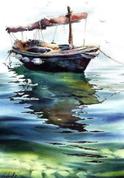 BY ANASTASIA KUSTOVA. Watercolor Boat, Canvas Art Projects, Watercolor Architecture, Watercolor Water, Sailboat Painting, Boat Art, Boat Painting, Watercolor Painting Techniques, Textured Canvas Art