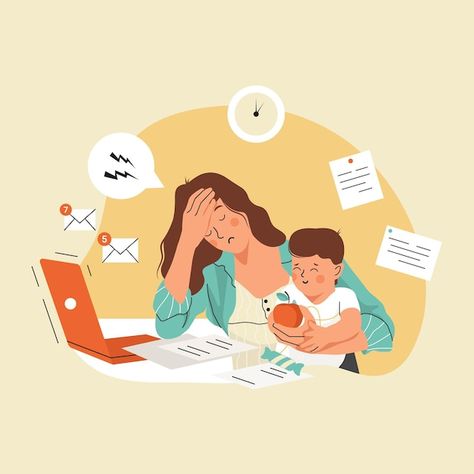 Vector tired mom trying to work, holding... | Premium Vector #Freepik #vector #working-mother #busy-mom #sad-mother #tired-mom Mother With Child, Baby Illustration, Tired Mom, Flat Vector Illustration, Family Images, Holding Baby, Mom Art, Busy Parents, Working Mother