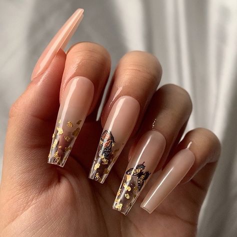 Butterfly Nails, Simple Acrylic Nails, Butterfly Nail, Brown Nails, Gold Butterfly, Gold Nails, Butterfly Wings, Press On Nails, Nail Inspo