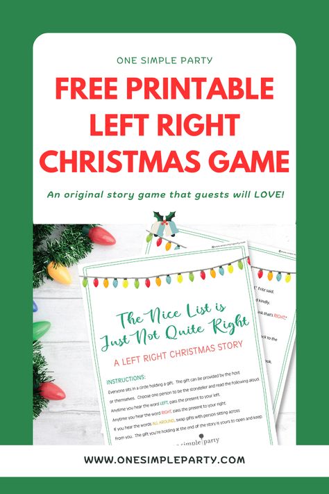 Gather friends and family together this holiday season to play this FREE Printable Left Right Christmas Game.  Featuring an original Left Right story, this gift passing game is sure to make guests get in the holiday spirit.  Perfect for kids and adults.  Download your FREE verison here. Left Right Christmas Game Church, Left Right Game For Quilters, Left Right Pass The Gift Game Christmas, Grinch Right Left Game, White Elephant Left Right Story, Christmas Story Pass The Gift Game, Pass The Gift Story Game, Christmas Game Gifts, Christmas Pass The Gift Game