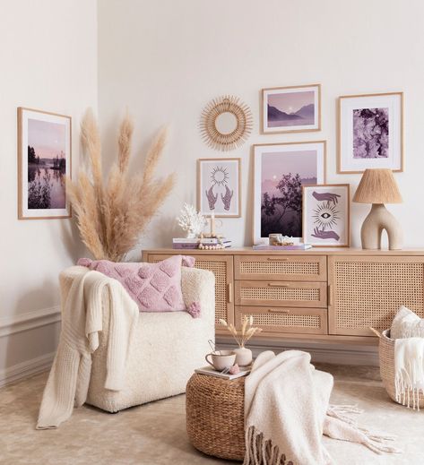 Purple calm gallery wall of landscape motifs with oak frames for the living room Lilac Living Room, Lavender Living Room, Lavender Bedroom, Lavender Room, Purple Bedroom, Gallery Wall Inspiration, Gallery Wall Living Room, Purple Rooms, Scandinavian Wall Art