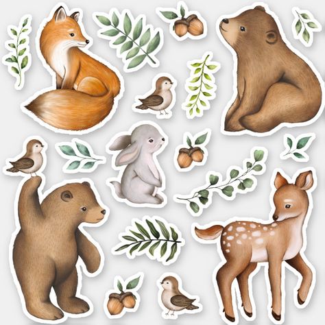 Forest Stickers, Forest Animals Illustration, Woodland Stickers, Woodland Forest Animals, Animals Stickers, Woodland Animals Theme, Whimsical Woodland, Forest Baby, Watercolor Greenery