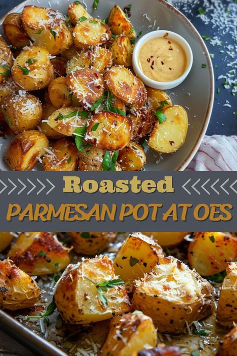 These extra-crispy roasted parmesan potatoes are the perfect potato side dish for any meal. They're savory, salty, and cheesy to the max! Roasted Parmesan Potatoes, Parmesan Baked Potatoes, Crispy Parmesan Potatoes, Parmesan Roasted Potatoes, Potato Side Dish, Roasted Potato Recipes, Parmesan Potatoes, Roasted Vegetable Recipes, Potato Sides