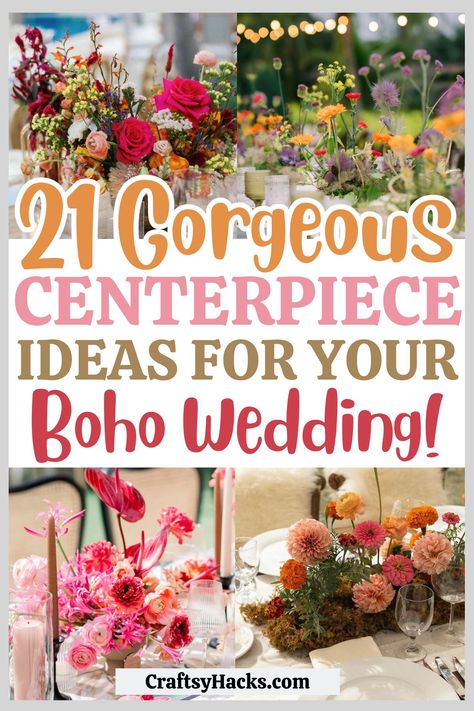 Transform your wedding tables with exquisite boho wedding decor. Discover wedding centerpiece ideas that incorporate earthy tones and eclectic details. Ideal for planning a wedding that's stylish on a budget. Boho Themed Wedding Centerpieces, Boho Wedding Must Haves, Wedding Table Decorations Natural, Alternative Wedding Centerpiece Ideas, Boho Arrangement Wedding, Pampas’s Grass Wedding Decor, Simple Rustic Wedding Centerpieces Long Tables, Fall Boho Wedding Table Centerpieces, Summer Flower Wedding Centerpieces