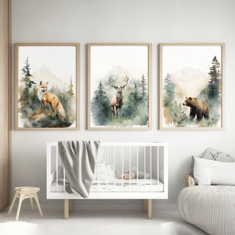 "*DIGITAL DOWNLOAD - NO PHYSICAL ITEM WILL BE MAILED* Lakelz Decor Mountain Animal Nursery Decor, Set of 3 Printable, Woodland Nursery Wall Art, Tree Nursery Decor, Beige, Sage Green, Forest Art Introducing our Mountain Animal Nursery Decor, a set of three printable artworks perfect for your woodland-themed nursery. This charming collection features adorable illustrations of a bear, deer, and fox, capturing the spirit of the wilderness. The soothing color palette of beige, sage green, and forest Sage Green Forest, Wilderness Nursery, Green Nursery Boy, Woodland Nursery Wall, Woodland Nursery Boy, Deer Nursery, Woodland Nursery Wall Art, Wall Art Tree, Mountain Nursery