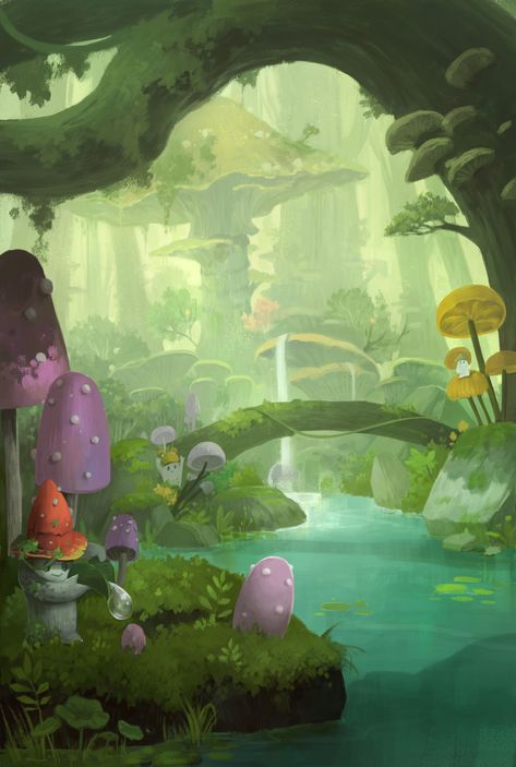 Mushroom Forest Illustration, Mushroom Forest Painting, Mushroom Forest Art, Fantasy Mushroom Forest, Cartoon Forest, Illustration Forest, Mushrooms Forest, Forest Cartoon, Forest Drawing