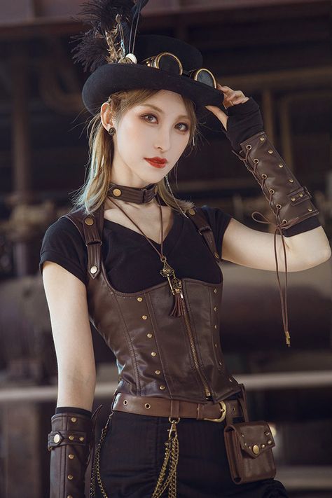 Steam Punk Photoshoot, Punk Halloween Costume Ideas, Steampunk Goth Outfits, Steam Punk Aesthetic Outfit, Steam Punk Costume Women, Steampunk Runway, Brown Clothing Aesthetic, Cosplay Women Ideas, Steam Punk Outfits