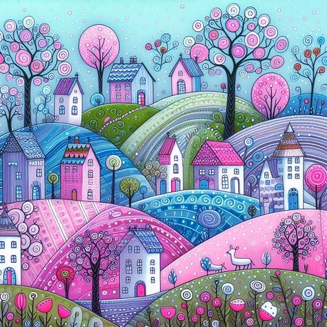 Whimsical Worlds of Houses & Hills 4 Naive Art Houses, Whimsical Houses Art, Whimsical Houses, High Hills, Whimsy Art, Whimsical Art Paintings, Naive Painting, Painted Pots Diy, Storybook Art