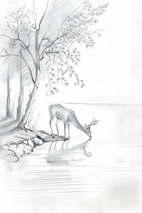 Pencil Art Drawings Sketches Simple Nature, Nature Sketches Pencil Simple, Pencil Art Animals, Landscape Sketch Nature, Landscape With Pencil, Landscape Drawings Pencil, Simple Landscape Drawing, Grass Sketch, Tree Pencil Sketch