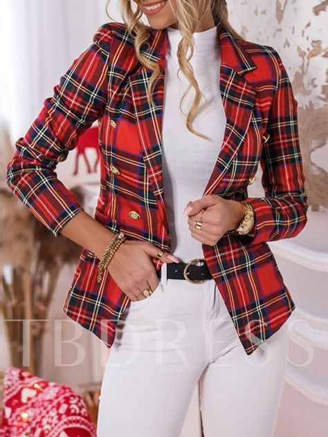 Notched Lapel Double-Breasted Plaid Long Sleeve Regular Women's Casual Blazer Womens Professional Suits, Winter Coat Short, Blazer Casual, Blazer Outfit, Leisure Fashion, Polyester Jacket, Casual Blazer, Long Sleeve Plaid, Plaid Blazer