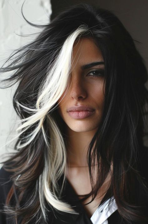 Two Strand Hair Color, Highlight Styles For Dark Hair, White Blonde Face Framing Highlights, Edgy Brunette Hair, Dual Hair Color, Unique Hair Color Ideas For Brunettes, Hair Manifestation, Unique Hair Color Ideas, Edgy Blonde Hair