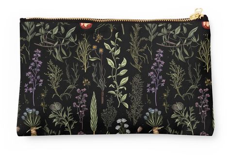 Vibrant double-sided prints on polyester canvas pouch. Fully lined for durability. Available in 3 sizes. Perfect to use as a coin purse, clutch, pencil case, or toiletries bag. dark academia witchy herbs pattern illustration Bag Dark Academia, Witchy Herbs, Grunge Fairycore, Bag Dark, Botanical Pattern, Clutch Pencil, Toiletries Bag, Pattern Illustration, Canvas Pouch