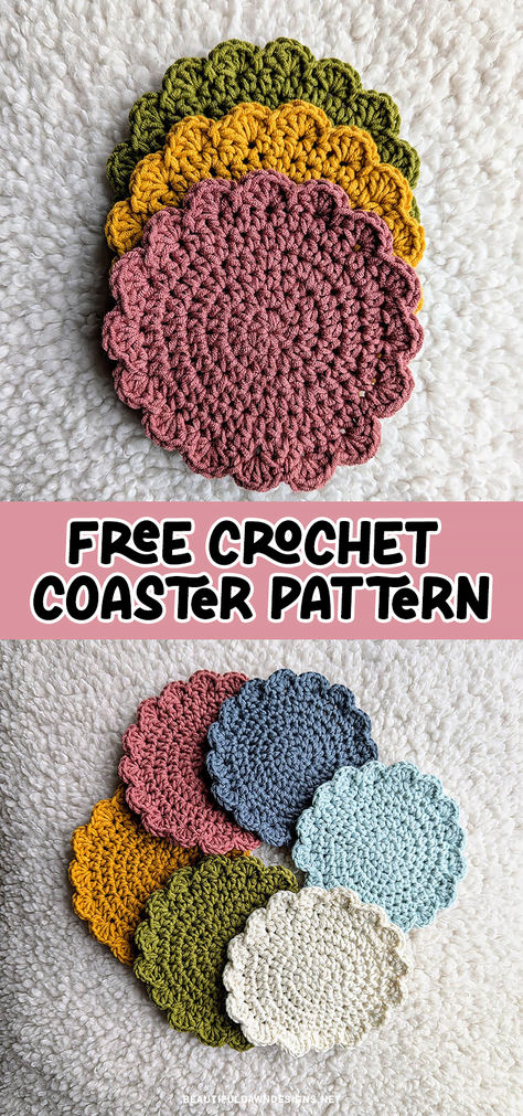 One of these quick and easy crochet coasters can be made in under 30 minutes. That makes them the perfect project for an afternoon or evening crochet session. Use this free pattern to make easy handmade gifts for friends and family. Single Crochet Coaster, Crochet Teacup Coaster Free Pattern, Crochet Simple Coaster, Small Crochet Coaster Pattern Free, Crocheted Mug Rugs, Crochet Patterns How To, Crochet Patterns Free Coasters, Crochet Cotton Coasters, Crochet Patterns Coster