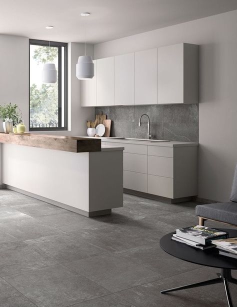 Modern Kitchen Tiles Design, Contemporary Kitchen Tiles, Grey Kitchen Tiles, Modern Kitchen Tiles, Modern Grey Kitchen, Minimal Kitchen Design, Grey Kitchen Floor, Modern Kitchen Design Grey, Grey Kitchen Designs