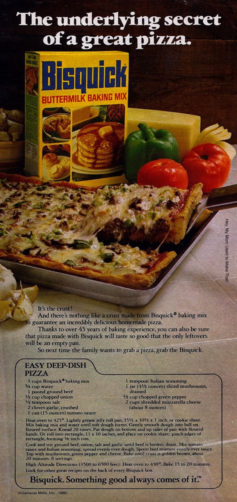 Bisquick deep dish pizza--my dad used to make this back in the 50s. Great comfort food. Deep Dish Pizza Recipe, Bisquick Recipes, Fall Recipe, Mix Recipes, Deep Dish Pizza, Baking Mix, Retro Recipes, Old Recipes, Easy Lunches