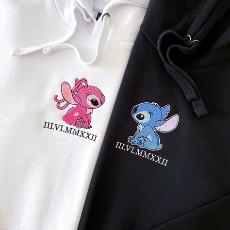 Embroidered Stitch Couple, Couple matching Personalized Hoodie Sweatshirt/Hoodie/Tshirt  MATERIAL DETAILS 🌸 UNISEX T-SHIRT ♡ Bella Canvas - 100% Airlume combed and ringspun cotton (fiber content may vary for different colors) ♡ Light fabric (4.2 oz/yd² (142 g/m 🌸 UNISEX SWEATSHIRT, HOODIE ♡ 50% cotton, 50% polyester ♡ Medium-heavy fabric (8.0 oz/yd² (271.25 g/m ♡ Loose fit 🌸 SIZE ♡ Please note that these are unisex size ♡ Take a look at the photos to see a specific sizing chart for this sweatshirt style ♡ Lay your favorite shirt at home flat and measure armpit to armpit to compare to the size chart in the photos 🌸 WASHING INSTRUCTIONS ♡ Wash inside out, in cold water, on gentle cycle. Tumble dry low or let air dry ♡ Do not use Fabric Softeners or Bleach ♡ Do not dry clean. Avoid ironin Stitch Couple, Embroidery Personalized, Matching Hoodies For Couples, Matching Embroidery, Couple Hoodies, Stitch Hoodie, Matching Hoodies, Couples Sweatshirts, Embroidery Sweatshirt