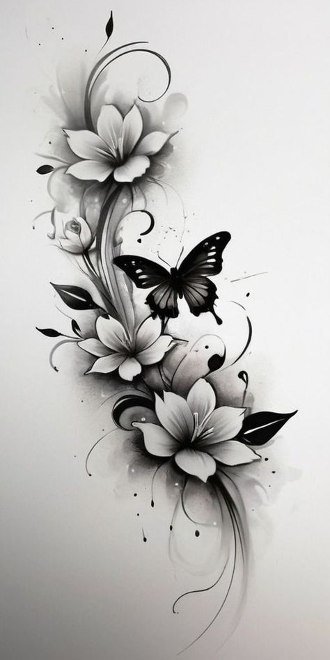 #CoolTattoos #TattooArt #InkMaster #TattooDesigns #InkedUp #TattooLovers #InkInspiration #TattooIdeas #CreativeInk #TattooStyle Womens Leg Tattoos Thigh Tat Ideas, Tattoo Ideas Female Lower Back Cover Up, Big Flower Tattoo Designs, New Life Tattoo Ideas, Neck And Chest Tattoos For Women, Women Tattoos Arm, Black And White Tattoos For Women, Flowers Tattoos For Women, Flowers Butterfly Tattoo