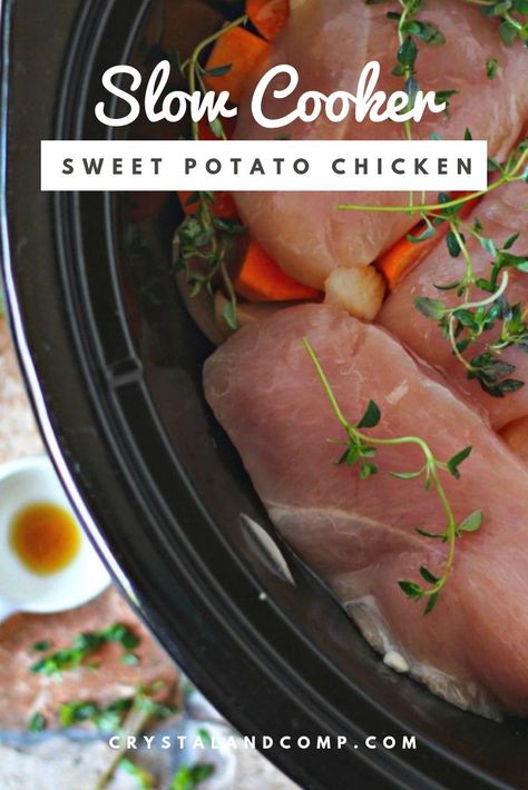 Chicken and sweet potatoes in the Crockpot.... and easy summer recipe that won't heat the house up. #slowcooker #crockpot #dinnerrecipes #chickenrecipes #sweetpotatoes #crystalandcomp Sweet Potato Chicken Crockpot Recipes, Crock Pot Recipes Sweet Potato, Slow Cooker Chicken Sweet Potato, Slow Cooker Chicken And Sweet Potatoes, Chicken And Sweet Potato Recipe Crockpot, Crockpot Chicken Sweet Potato, Chicken Sweet Potato Crockpot, Potato Chicken Recipes, Sweet Potato Chicken Recipes