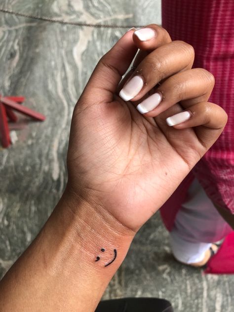 Henna Smiley Face, Smiley Face Semicolon Tattoo, Smiley Face Tattoo Wrist, Smiley Semicolon Tattoo, Semi-colon Smiley Face Tattoo, Winky Face Tattoo, Mental Health Tatoos Ideas Minimal, Smiley Tattoo Design, Tattoo Ideas Semicolon