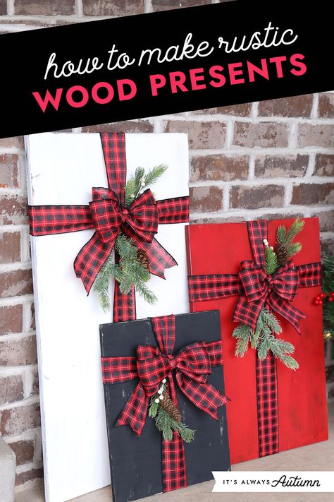 These DIY wood presents are the perfect Christmas decor for your front porch. Our detailed instructions (including what kind of wood to buy) make this an easy project you can complete in an afternoon. DIY Christmas front porch decor. Front Door Xmas Decor Ideas Entrance, Backyard Christmas Decor Ideas, Front Porch Wreaths, Wood Presents, Christmas Front Porch Decor, Outside Christmas Decorations, Winter Projects, Porch Christmas Decor, Front Porch Christmas