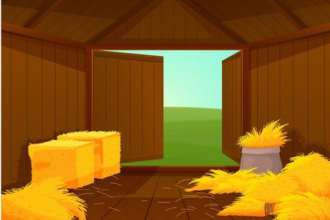 Inside barn house. Cartoon farm wooden, hay or straw inside. Door open into meadow, shed for instruments and agriculture tools recent vector scene. Illustration of barn and farm house with hay Farm Cartoon Background, Animation Walk Cycle, Barn Drawing, Agriculture Tools, Free Cartoon Characters, Farm Cartoon, Farm Clipart, Scene Illustration, Cow House