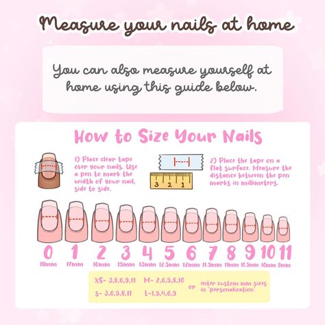 ⭐️ shapes/sizing guide if you’re new here or new to custom press-ons in general, start with this post! this is the most important part of your order. if your nails don’t fit properly, they won’t last! nails that are too big or small will lift/pop off quicker 💔 and we don’t want that! i highly recommend ordering a sizing kit in the shape you like. some shapes have a slightly different fit than others, so your sizes might be different too! you can order one for just $5 on my Etsy shop 🛍️ t... Press On Nail Sizes, How To Start Press On Nail Business, Press On Nail Business, Nail Business, Clear Tape, Nail Forms, Press Ons, Nails At Home, Nail Sizes