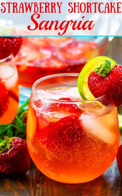 Strawberry Shortcake Sangria made with moscato wine and cake-flavored vodka. Strawberry Wine Punch, Strawberry Shortcake Alcoholic Drink, Strawberry Sangria Recipes, Valentines Sangria, Strawberry Shortcake Wedding, Wine Treats, Vodka Sangria, Colorado Recipes, Sweet Alcoholic Drinks