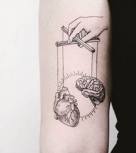 Mind and heart puppet tattoo Marionette Tattoo, Mirror Tattoo, Brain Tattoo, Heart And Brain, Visuell Identitet, 심플한 그림, Petit Tattoo, Body Decoration, Herz Tattoo