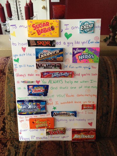 That's so creative but you have to buy all that candy. Bf Ideas, Birthday Message For Boyfriend, Diy Candy Bar, Candy Board, Candy Grams, Candy Poster, Guy Gifts, Birthday Gifts For Boyfriend Diy