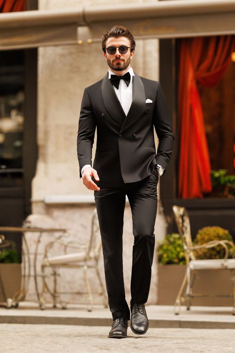 Channel unmatched charisma with the Black Double Breasted Tuxedo 2-Piece. Designed to exude strength and elegance, it’s the suit that guarantees you’re the focal point of any room.  #blacktuxedo #mensformalfashion #powerdressing #eleganceinblack #doublebreastedsuit #boldmenswear #commandingstyle #luxurysuit #tailoredfit #modernmenswear Black Groomsmen Suits, Black Double Breasted Suit, Wedding Suits Men Black, Double Breasted Suit Men, Double Breasted Tuxedo, Slim Fit Suit Men, Classy Suits, Wedding Clothes, Groomsmen Suits