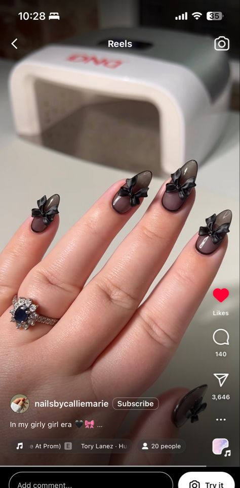 Transparent Black gel nails with black bow. Black nails with design Black Nails Transparent, Encapsulated Black Nails, Jelly Black Nail Designs, Black Bow Tie Nails, Black Gel Extension Nails, Black Ombre Nails With Design, Black Pearl Nails Design, Black Translucent Nails, Soft Black Nails