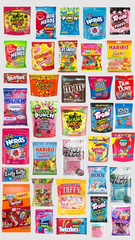 Candyyy #candy #yummy #snacks Candy To Try, Walmart Snacks Ideas, Popular Candy Brands, Types Of Candy List, Pink Snacks Aesthetic, Room Snack Stash, Rainbow Candy Aesthetic, Sweets Ideas For Parties, Candy Stash Ideas