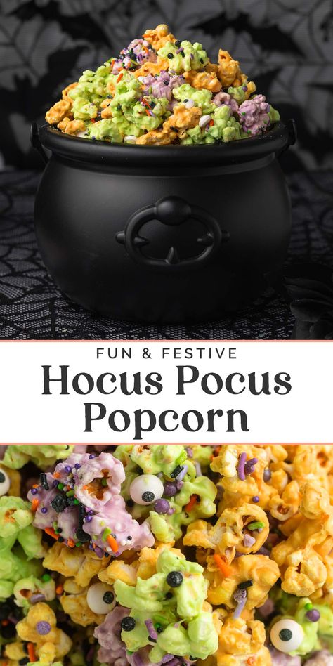 Hocus Pocus Birthday Party Food, Hocus Pocus Popcorn, Popcorn White Chocolate, Outdoor Decoration Ideas, Fun Meals, 40 Aprons, White Chocolate Popcorn, Chocolate Halloween, Recetas Halloween