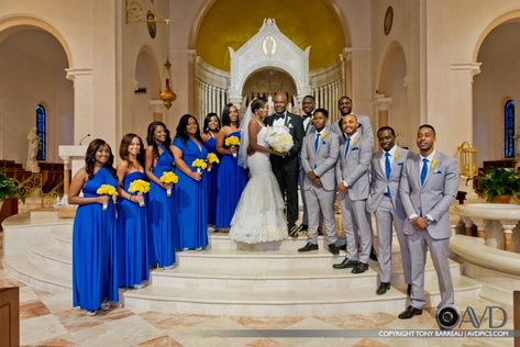 Royal Blue Wedding Party Attire, Colors That Go With Royal Blue Wedding, Royal Blue Wedding Bridesmaid Dress, Royal Blue Bridal Party, Blue Wedding Theme Black People, Royal Blue And Yellow Wedding Theme, Royal Blue Wedding Party, Royal Blue And Yellow Wedding, Wedding Color Royal Blue