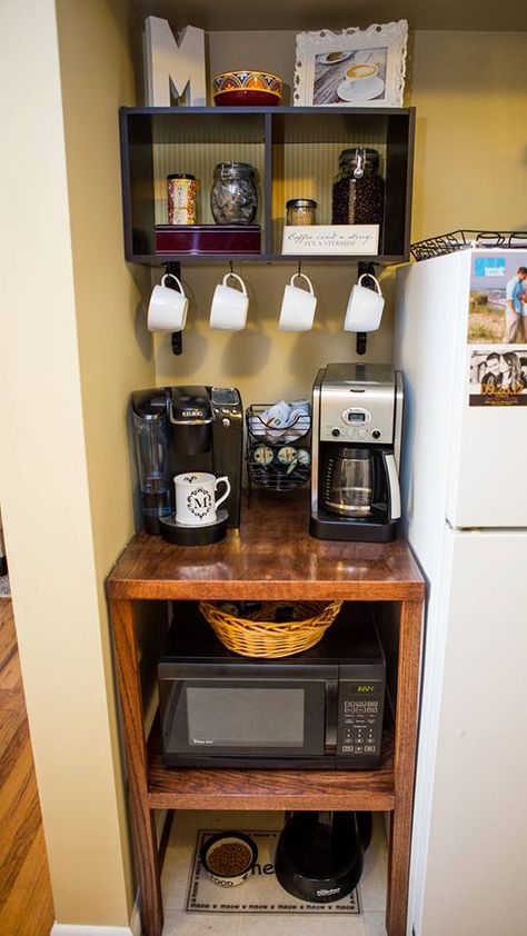 Love how this DIY microwave, coffee & pet station turned out! #diy #lovehome Apartemen Studio, Small Apartment Organization, Organiser Cucina, Small Apartment Kitchen, Rooms Design, Apartment Decorating On A Budget, Home Coffee Stations, Small Kitchen Storage, Apartment Organization